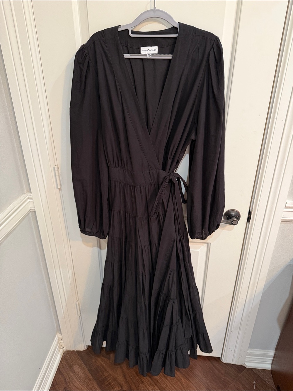 Gibson Latimer Black Long-Sleeve Wrap Maxi Dress tiered skirt